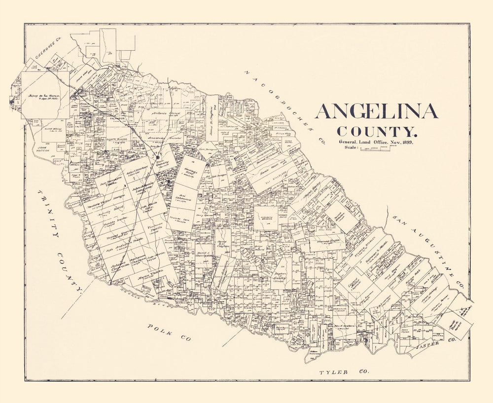 Vintage Map of Angelina County, Texas 1899 print style example