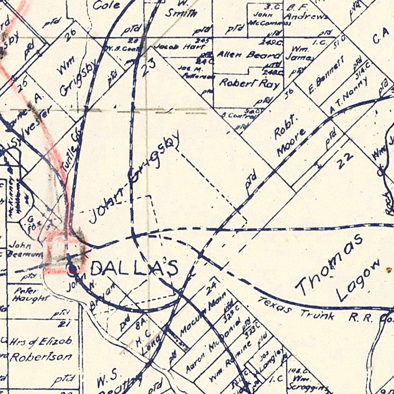 Restored historic details from the 1890 county map of Dallas County, Texas