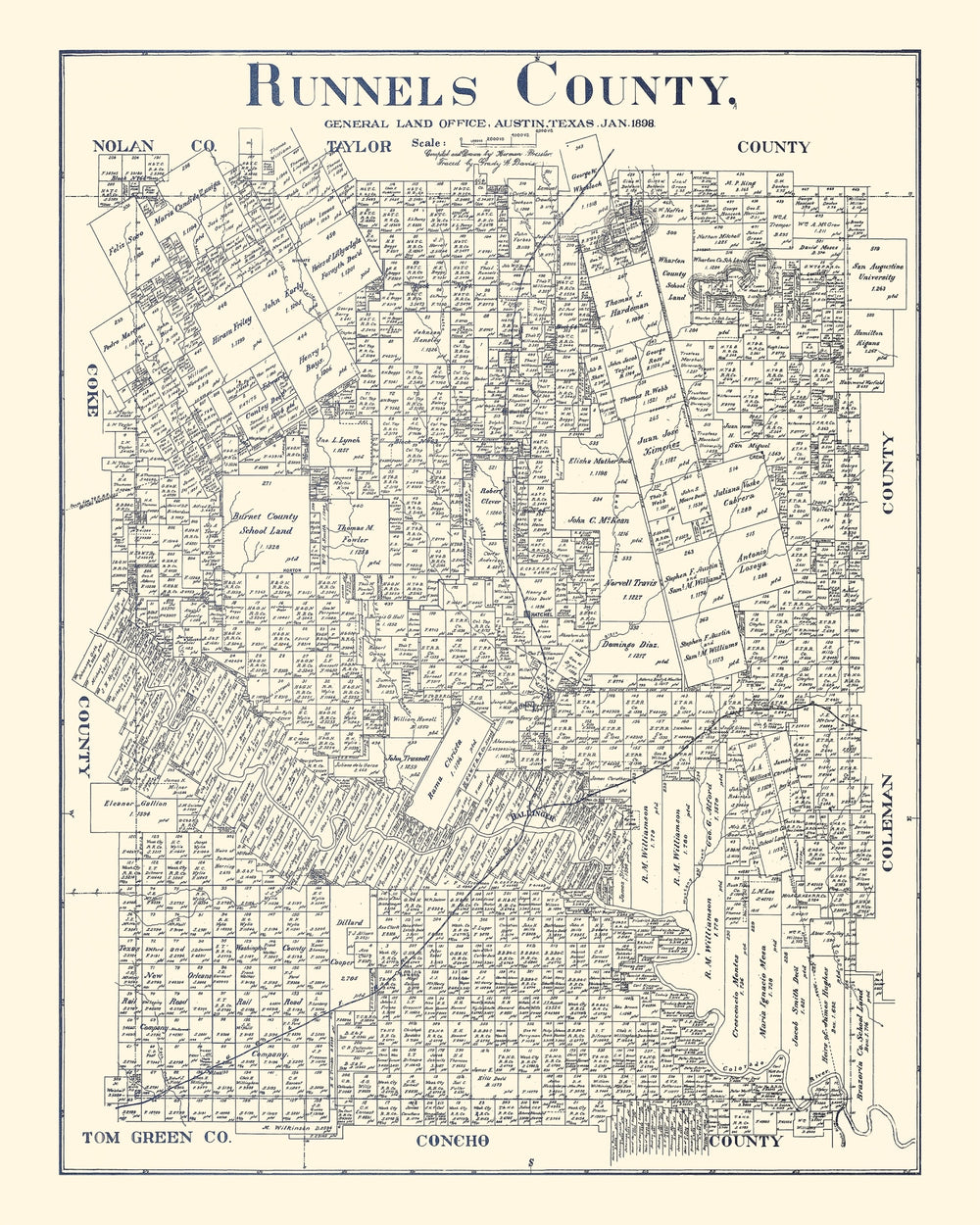 Vintage Map of Runnels County, Texas 1898 print style example