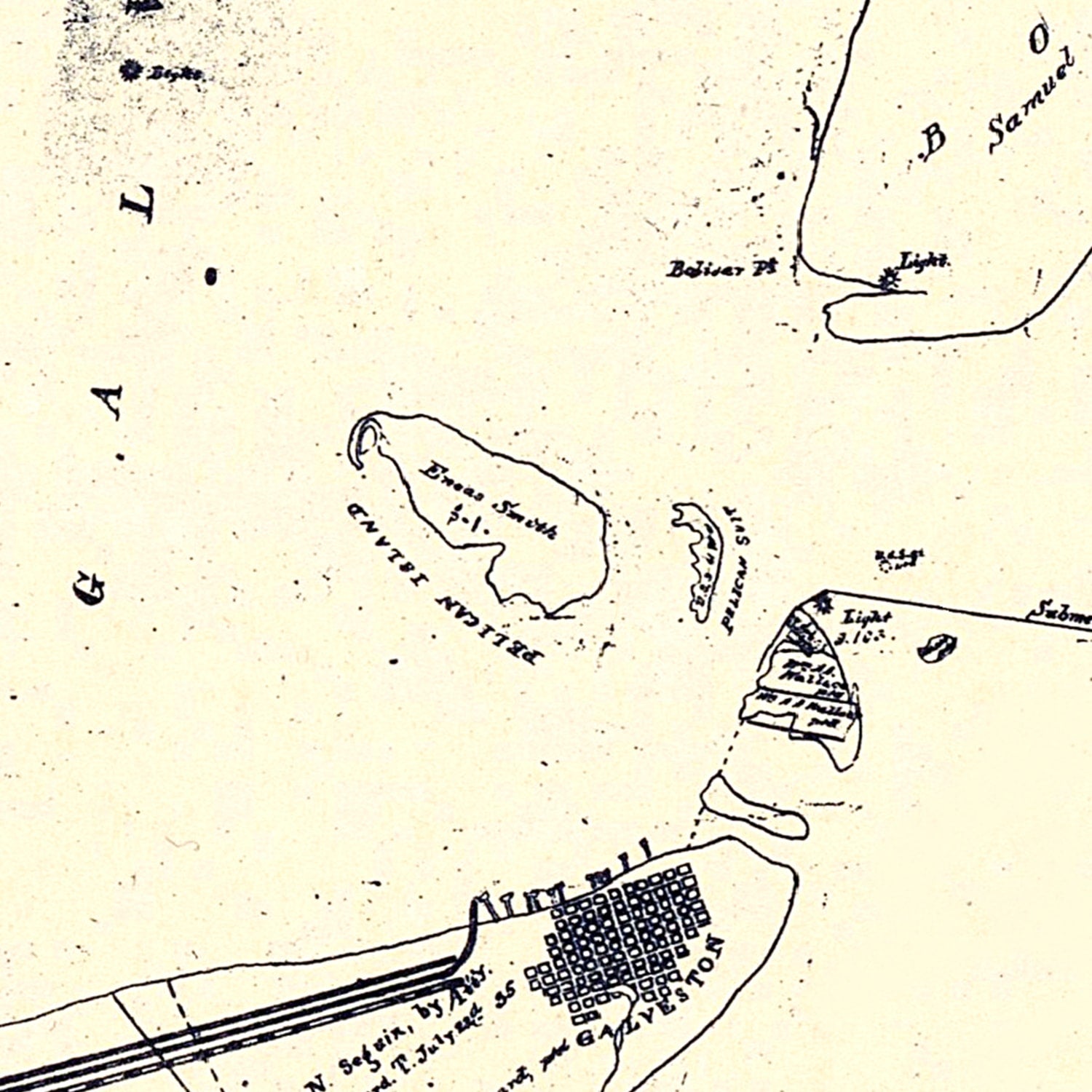 Restored historic details from the 1899 county map of Galveston County, Texas