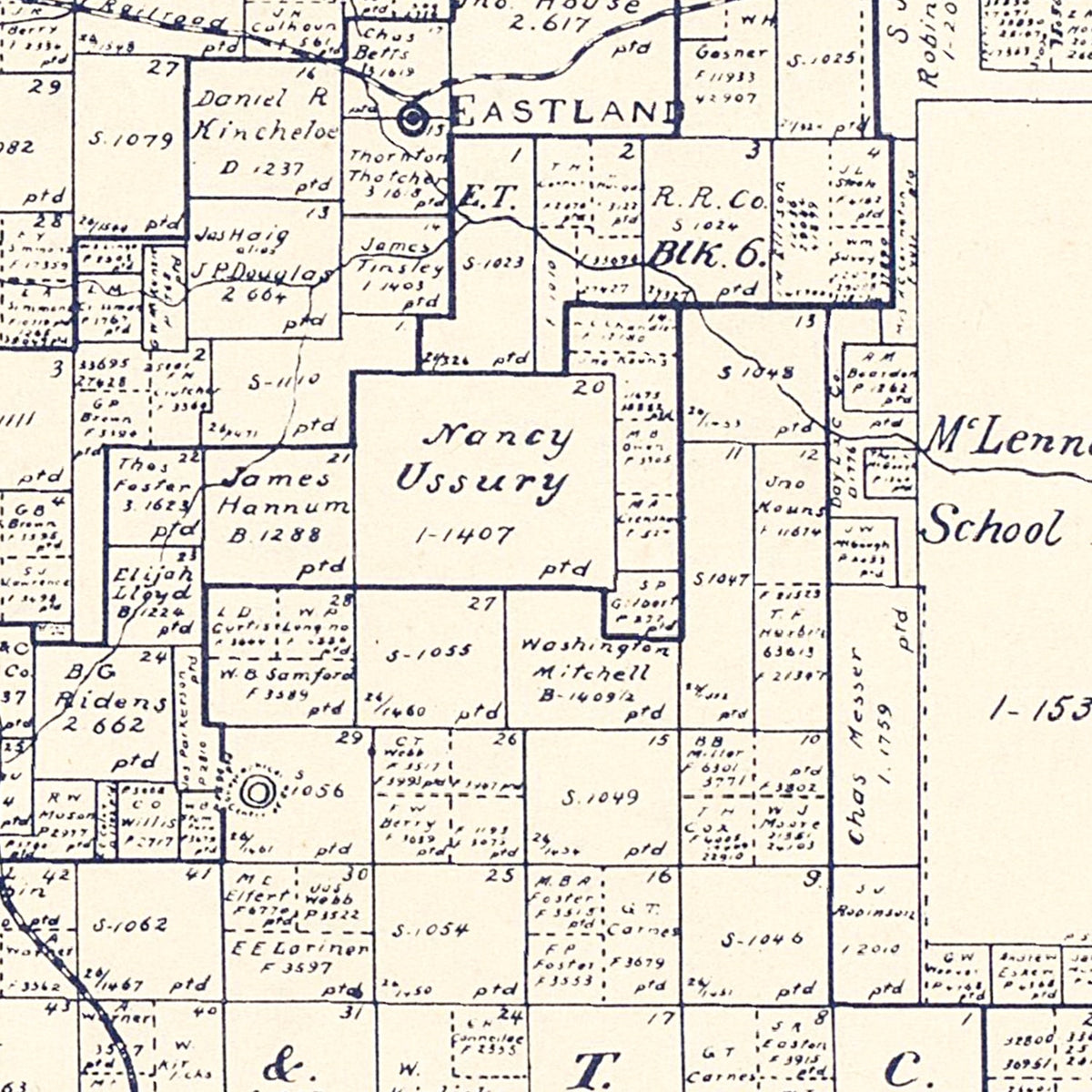 Restored historic details from the 1896 county map of Eastland County, Texas