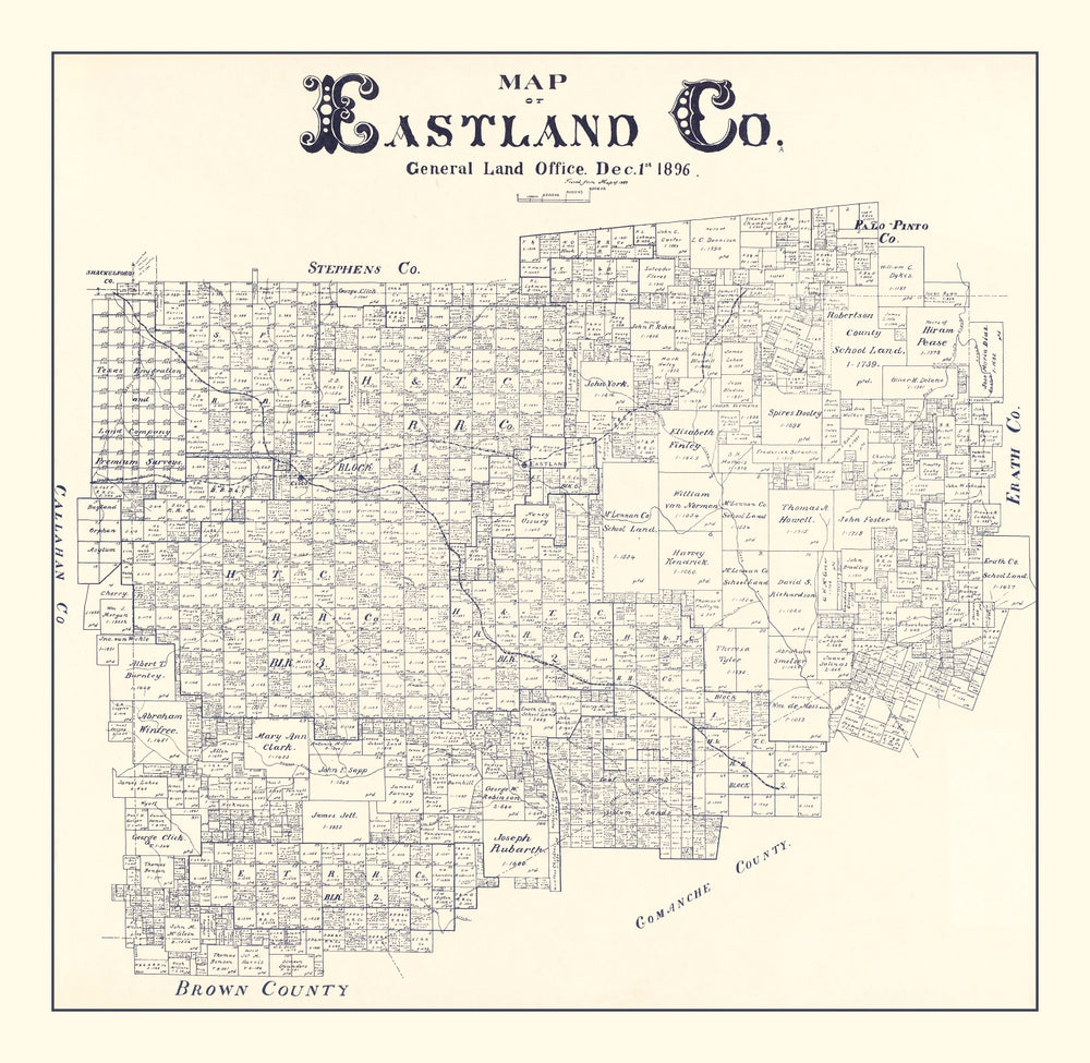 Vintage Map of Eastland County, Texas 1896 print style example