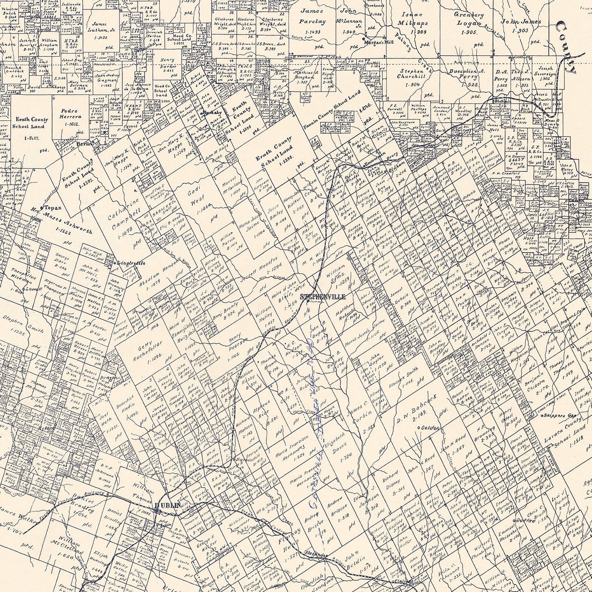 Restored historic details from the 1896 county map of Erath County, Texas