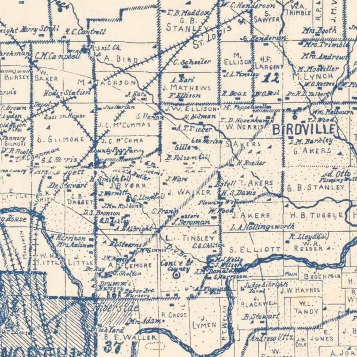 Restored historic details from the 1895 county map of Tarrant County, Texas