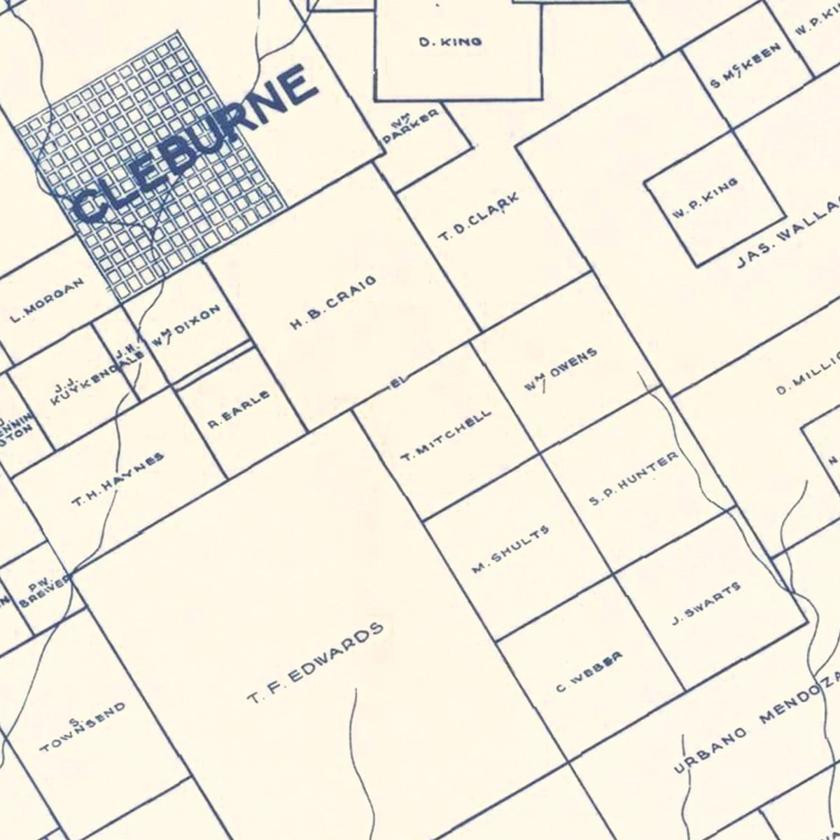 Restored historic details from the 1899 county map of Johnson County, Texas