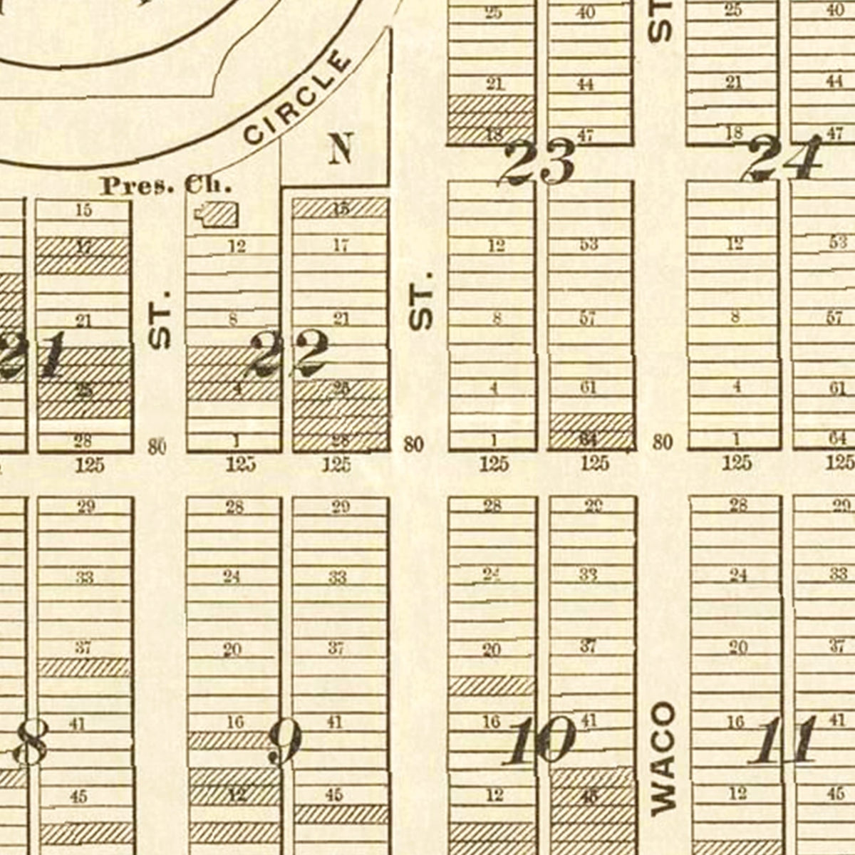 Restored historic details from the 1891 city map of New Birmingham, Texas