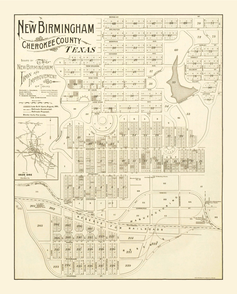 Vintage Map of New Birmingham, Texas 1891 print style example