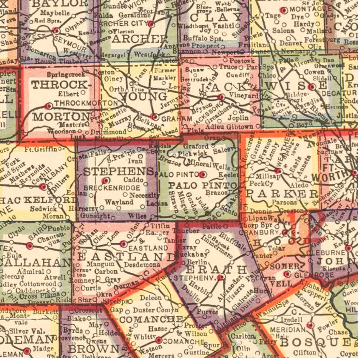 Restored historic details from the 1912 state map of County, Texas