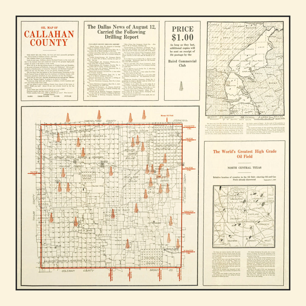 Vintage Map of Callahan County, Texas 1919 print style example
