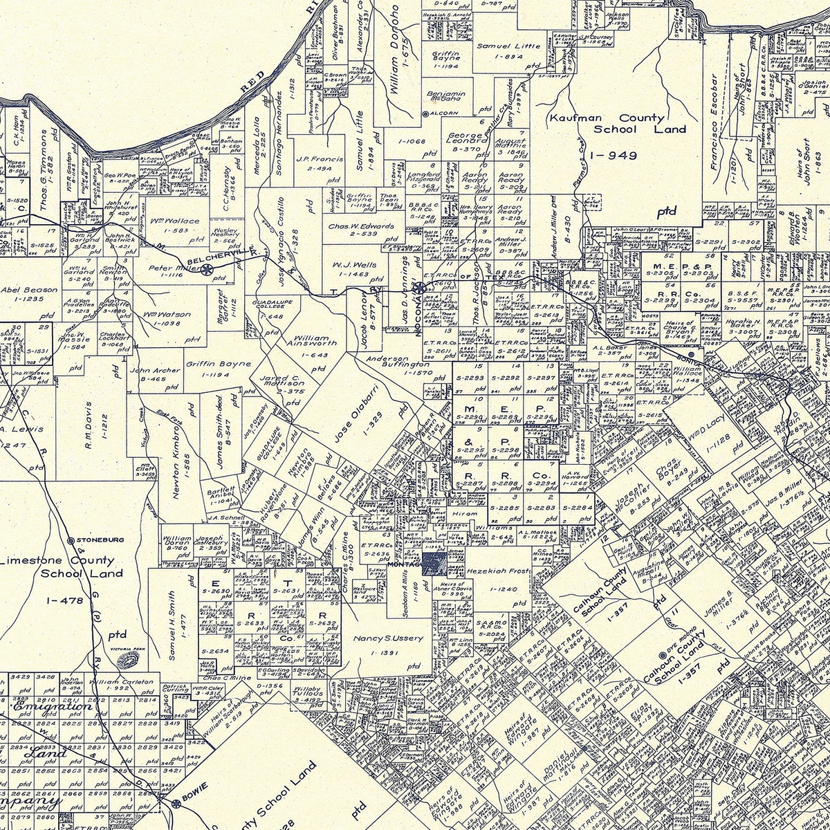 Restored historic details from the 1924 county map of Montague County, Texas
