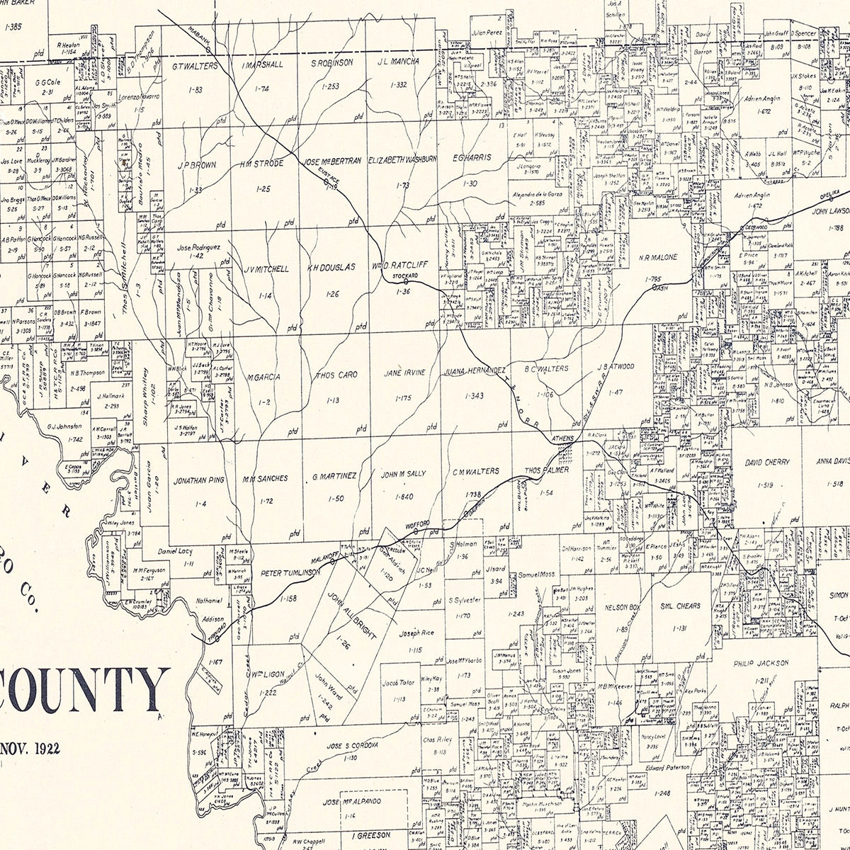 Restored historic details from the 1922 county map of Henderson County, Texas