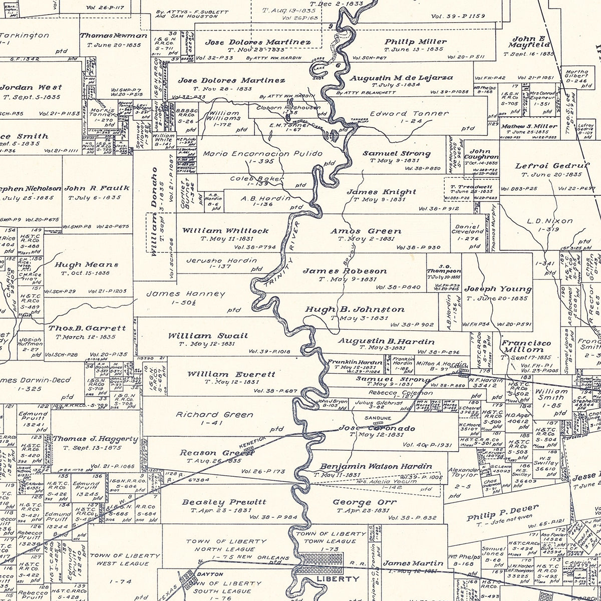 Restored historic details from the 1926 county map of Liberty County, Texas