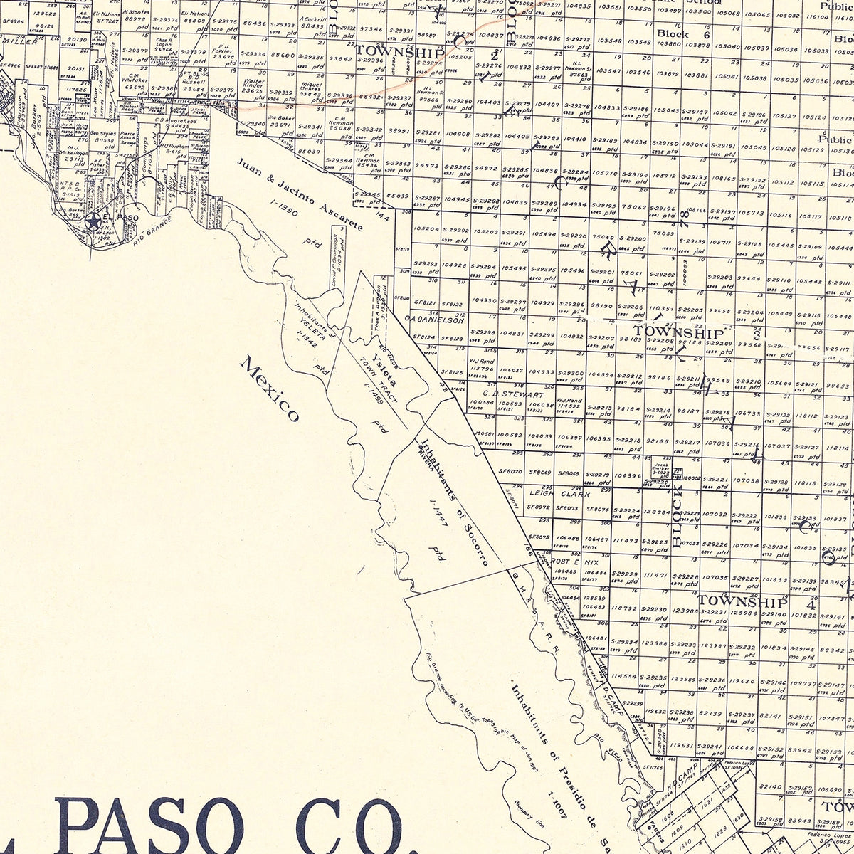 Restored historic details from the 1921 county map of El Paso County, Texas