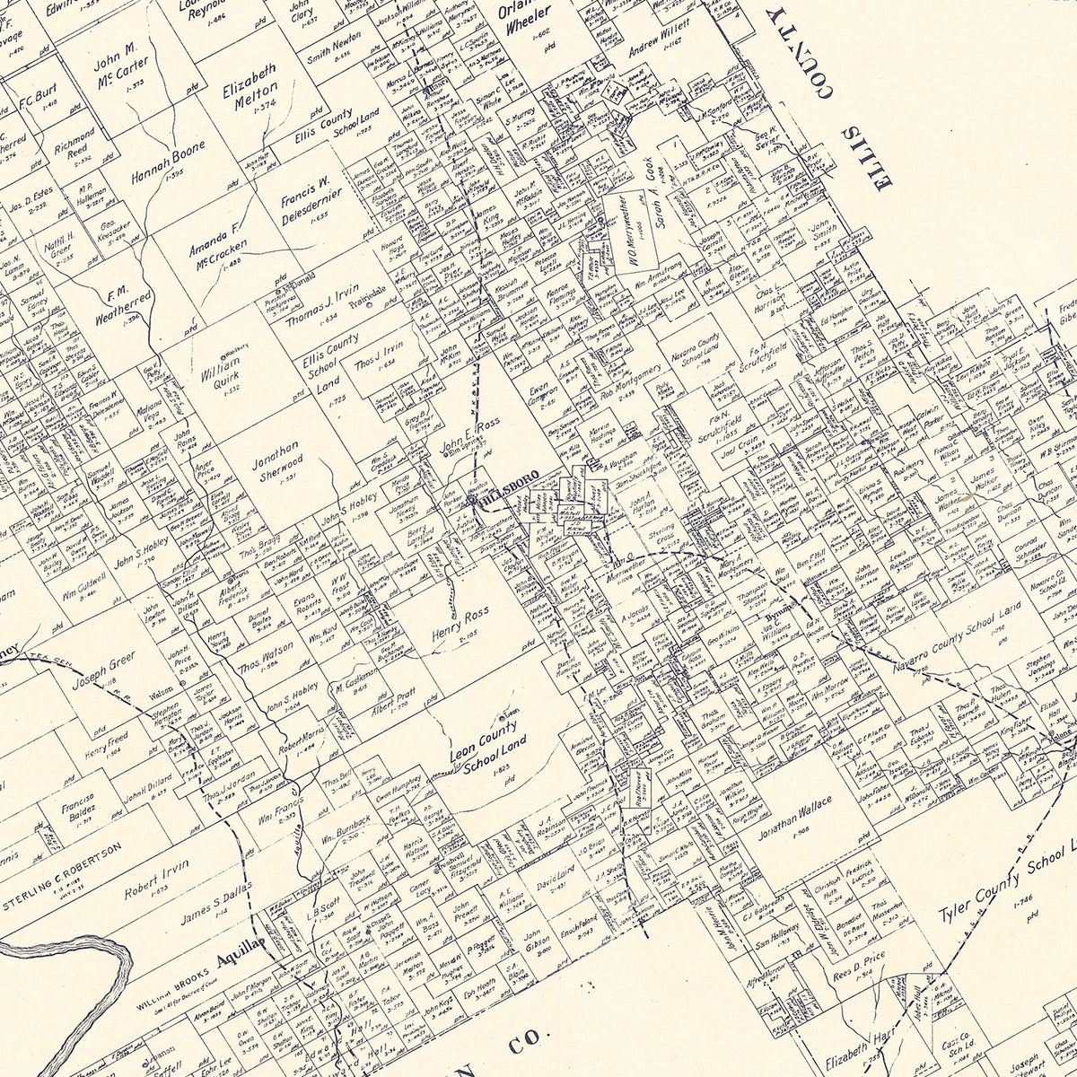 Restored historic details from the 1922 county map of Hill County, Texas