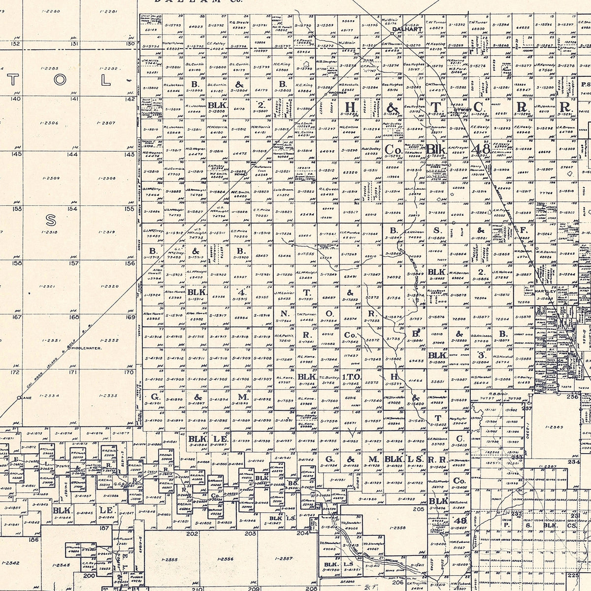 Restored historic details from the 1925 county map of Hartley County, Texas