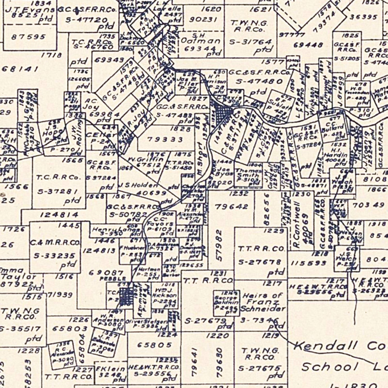 Restored historic details from the 1923 county map of Kerr County, Texas