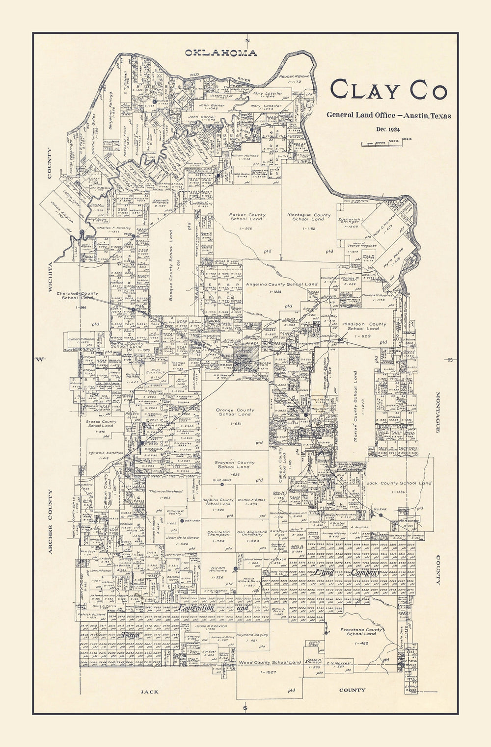 Vintage Map of Clay County, Texas 1924 print style example