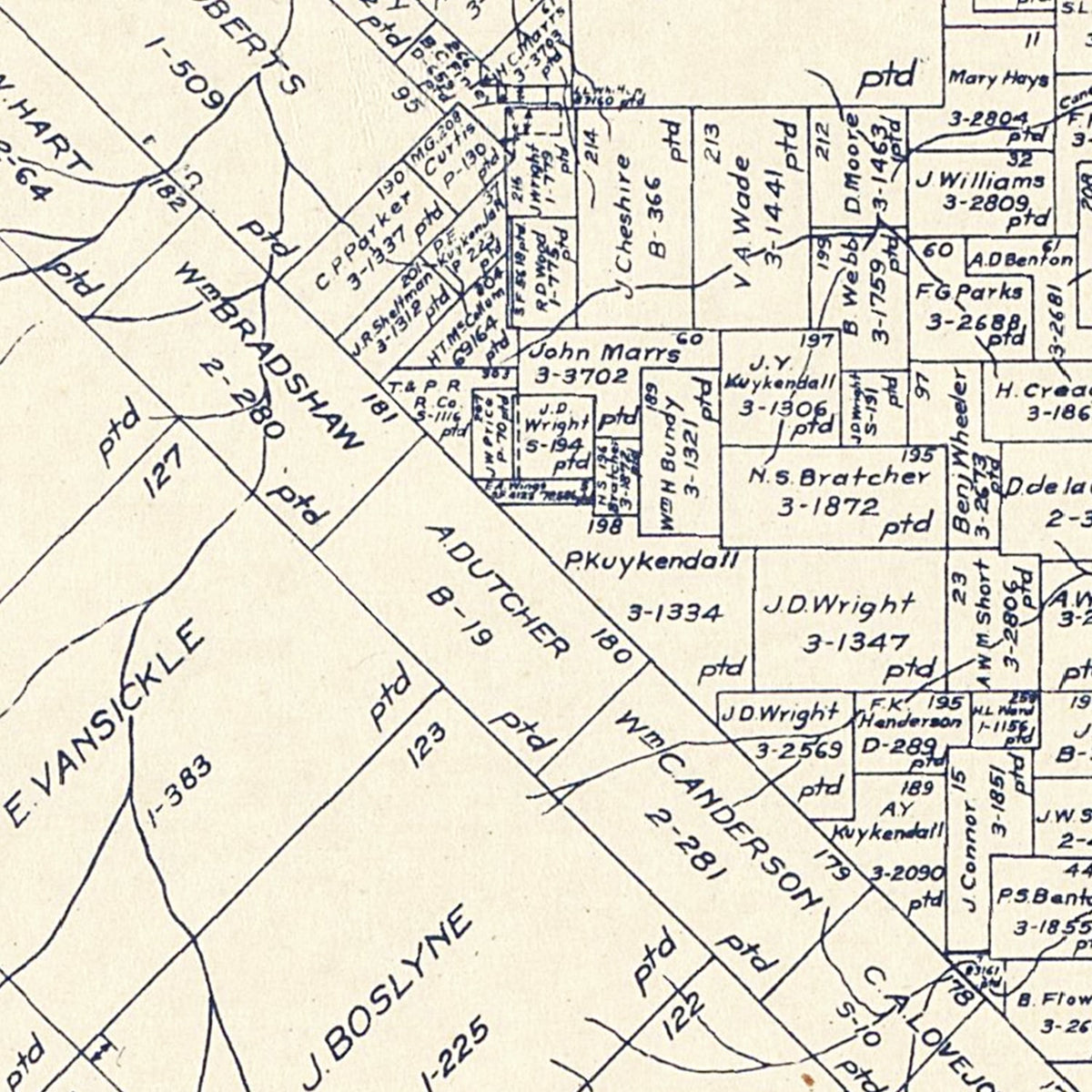 Restored historic details from the 1921 county map of Van Zandt County, Texas