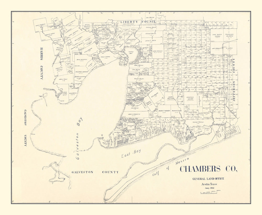 Vintage Map of Chambers County, Texas 1922 print style example