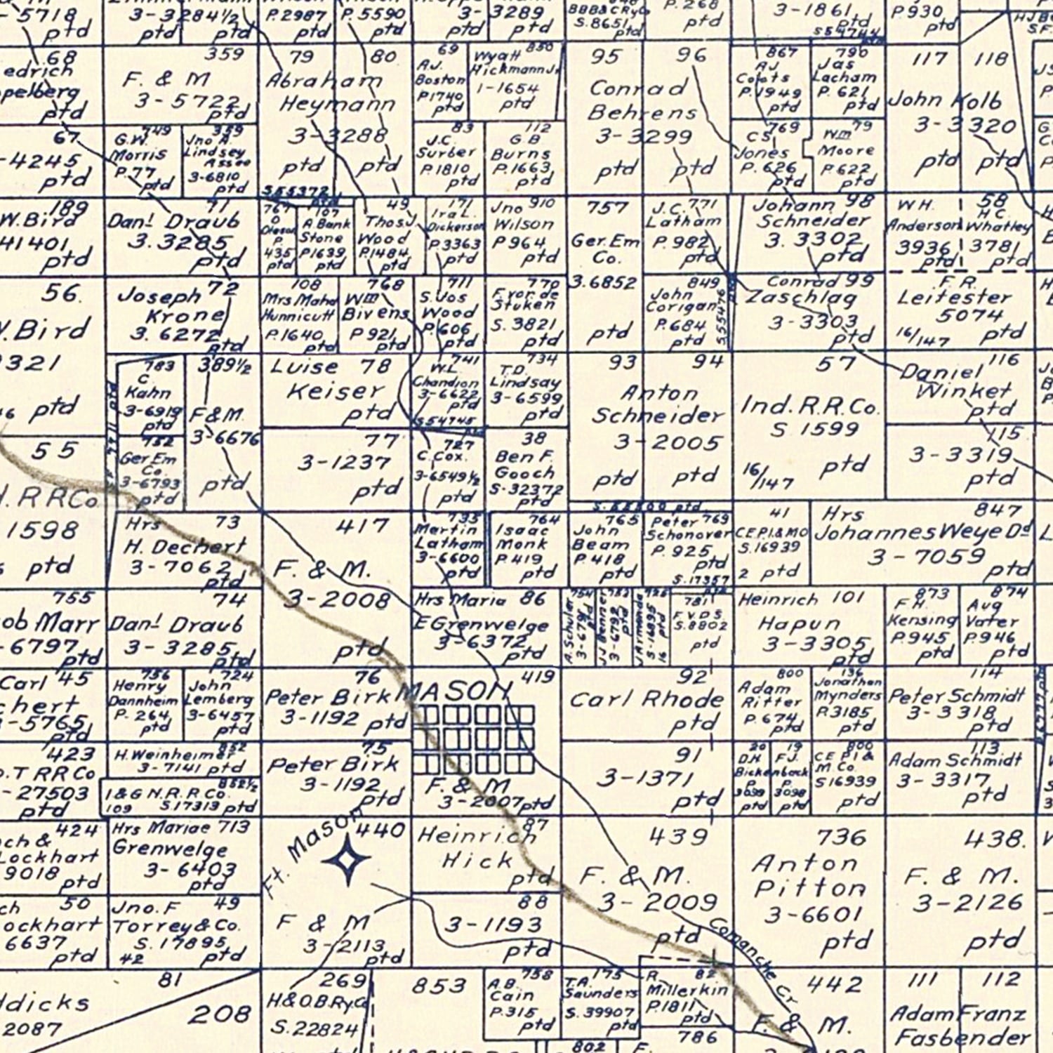 Restored historic details from the 1921 county map of Mason County, Texas