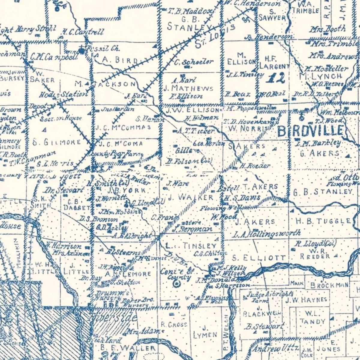 Restored historic details from the 1925 county map of Tarrant County, Texas