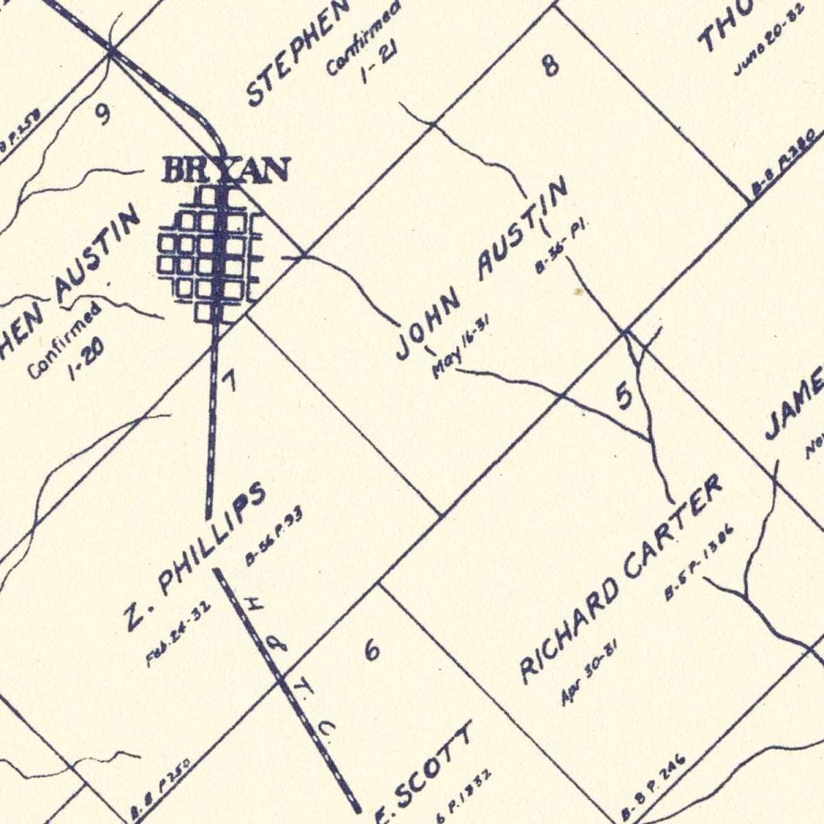 Restored historic details from the 1922 county map of Brazos County, Texas