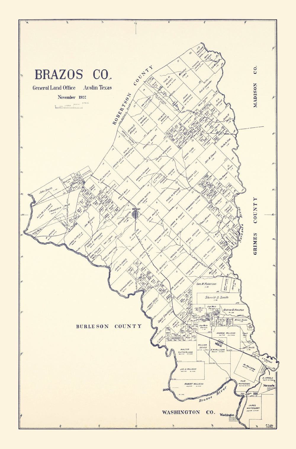Vintage Map of Brazos County, Texas 1922 print style example