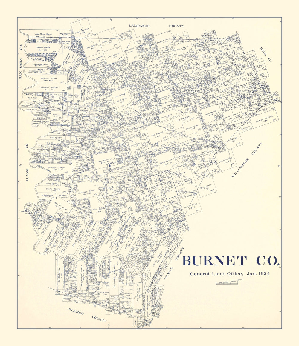 Vintage Map of Burnet County, Texas 1924 print style example
