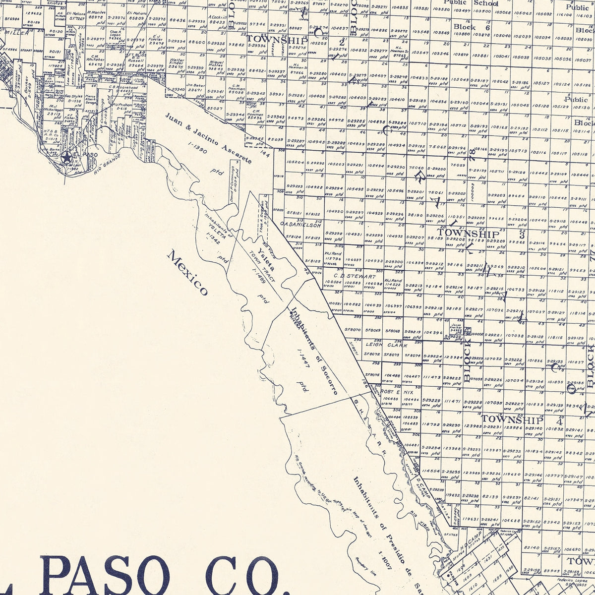 Restored historic details from the 1921 county map of El Paso County, Texas