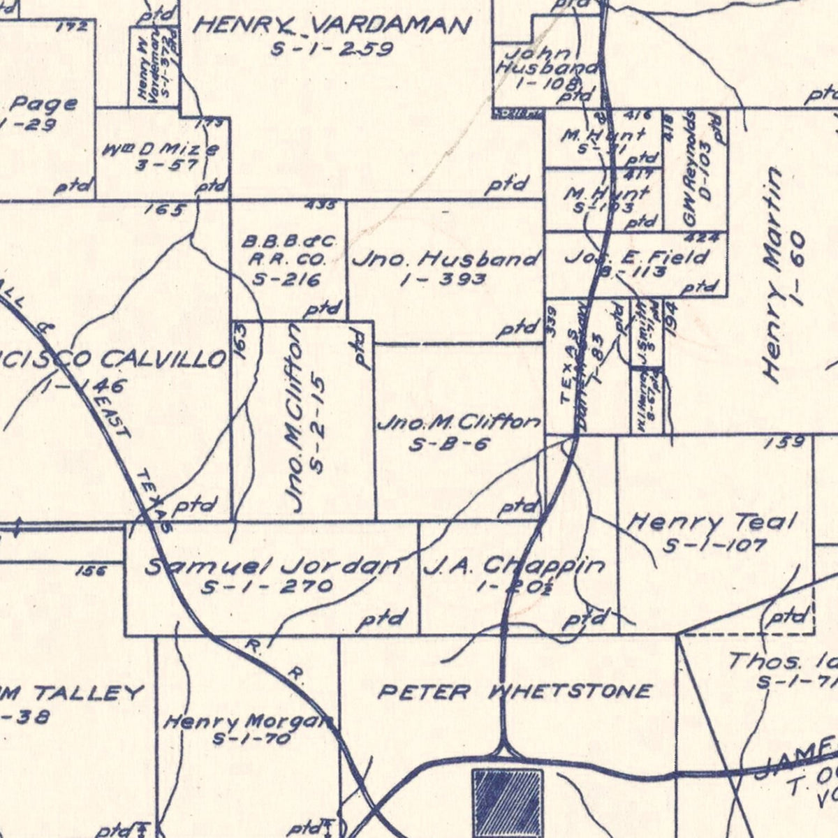 Restored historic details from the 1920 county map of Harrison County, Texas