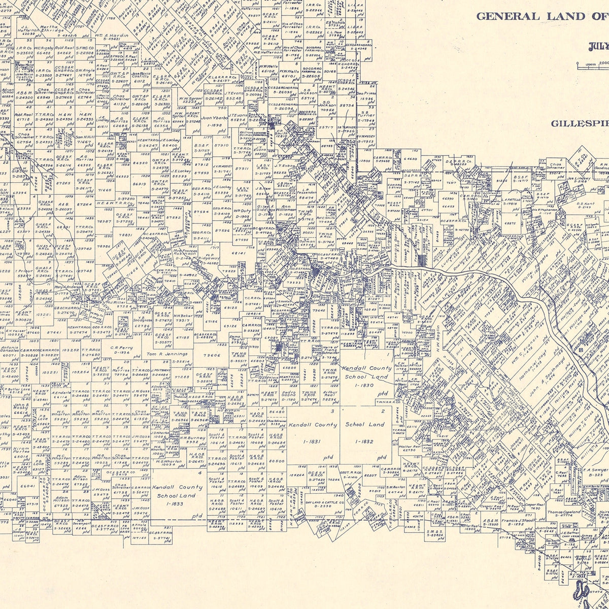 Restored historic details from the 1923 county map of Kerr County, Texas