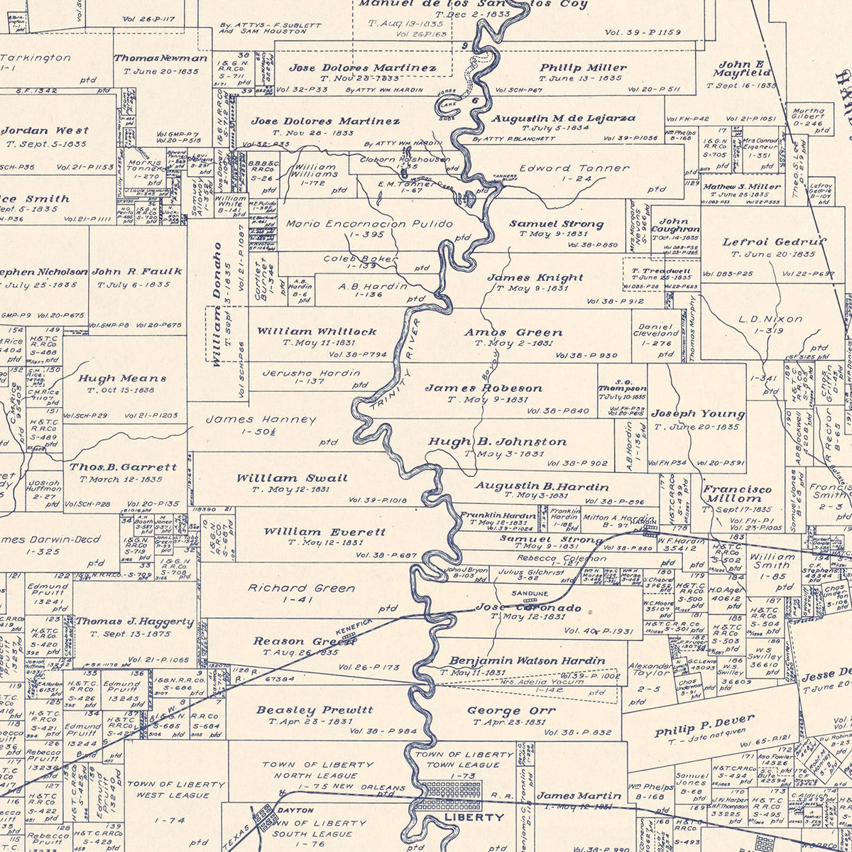 Restored historic details from the 1926 county map of Liberty County, Texas