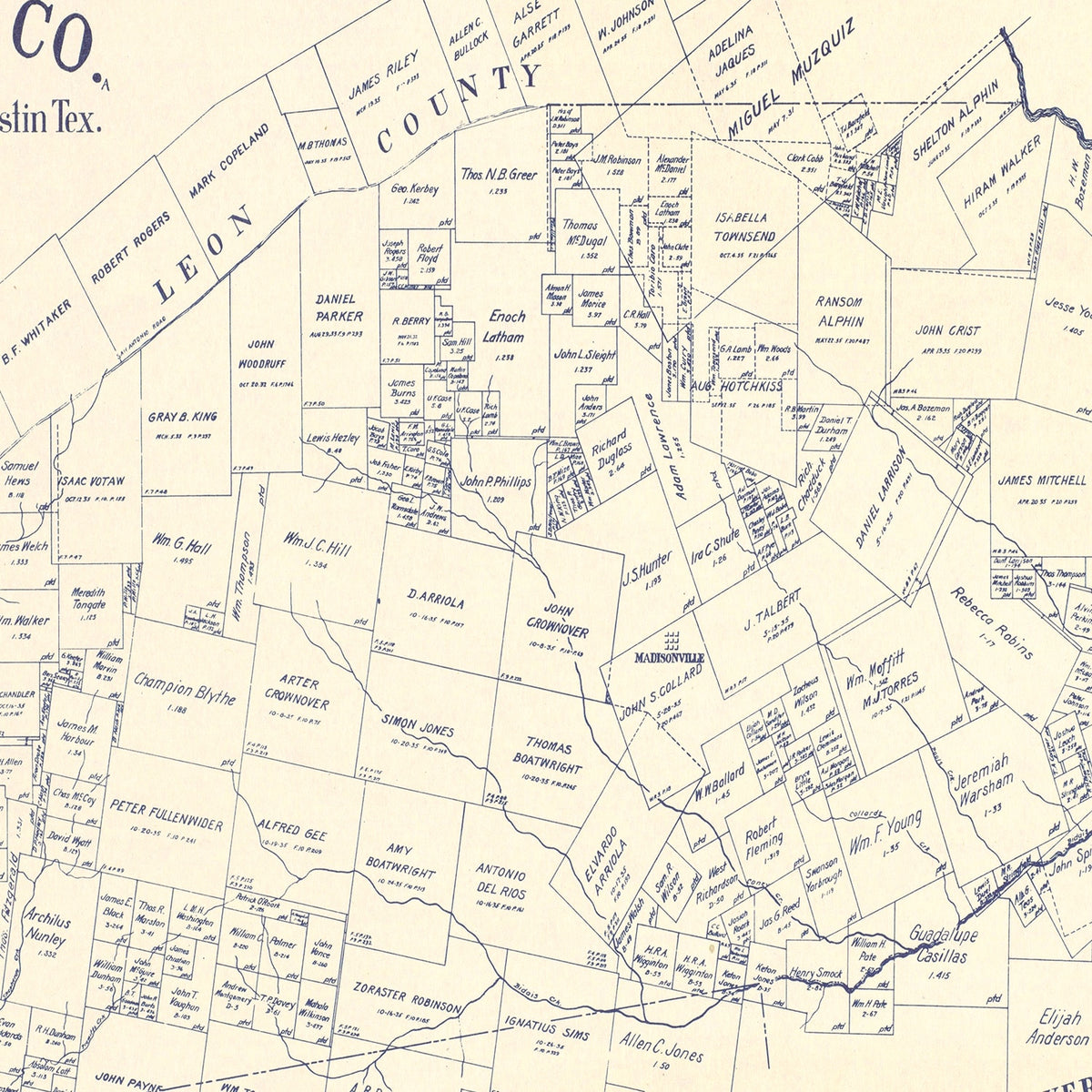 Restored historic details from the 1922 county map of Madison County, Texas