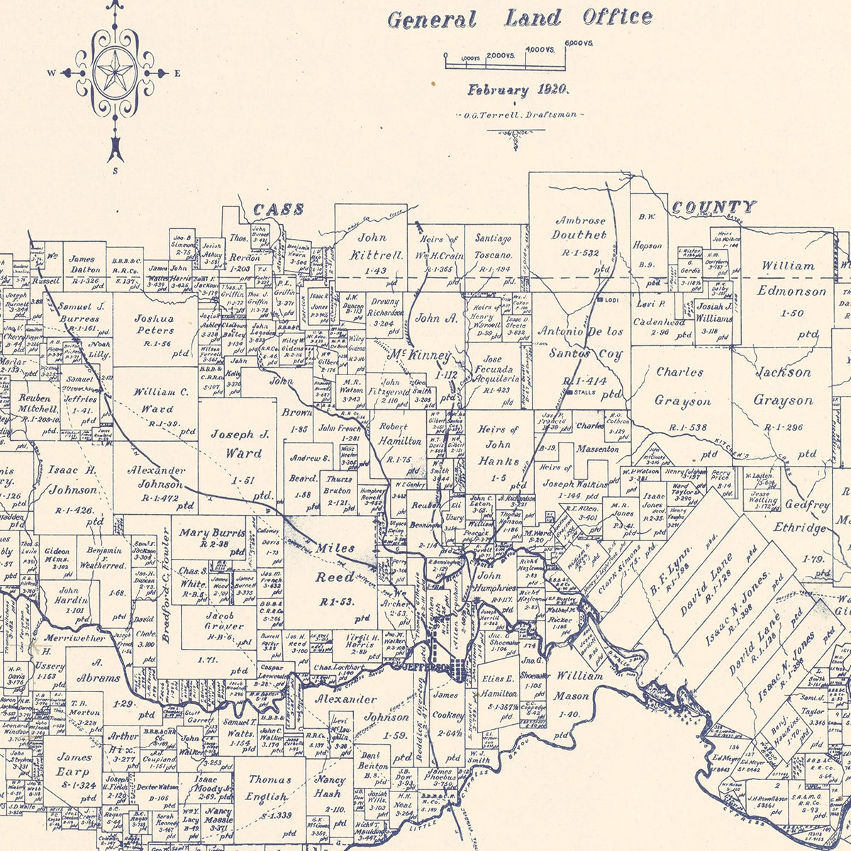 Restored historic details from the 1920 county map of Marion County, Texas