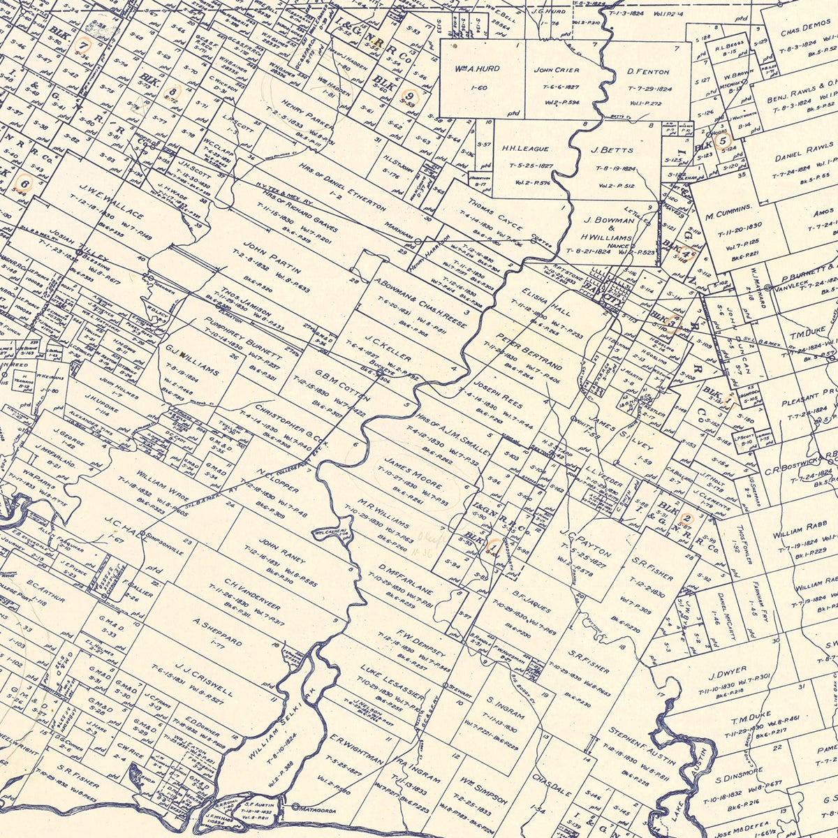 Restored historic details from the 1920 county map of Matagorda County, Texas
