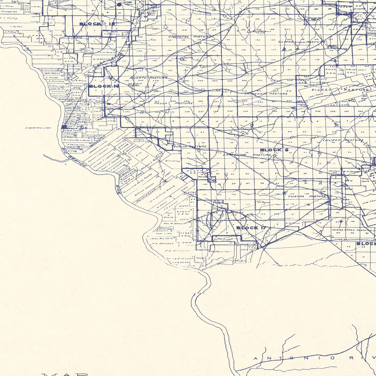 Restored historic details from the 1927 county map of Maverick County, Texas
