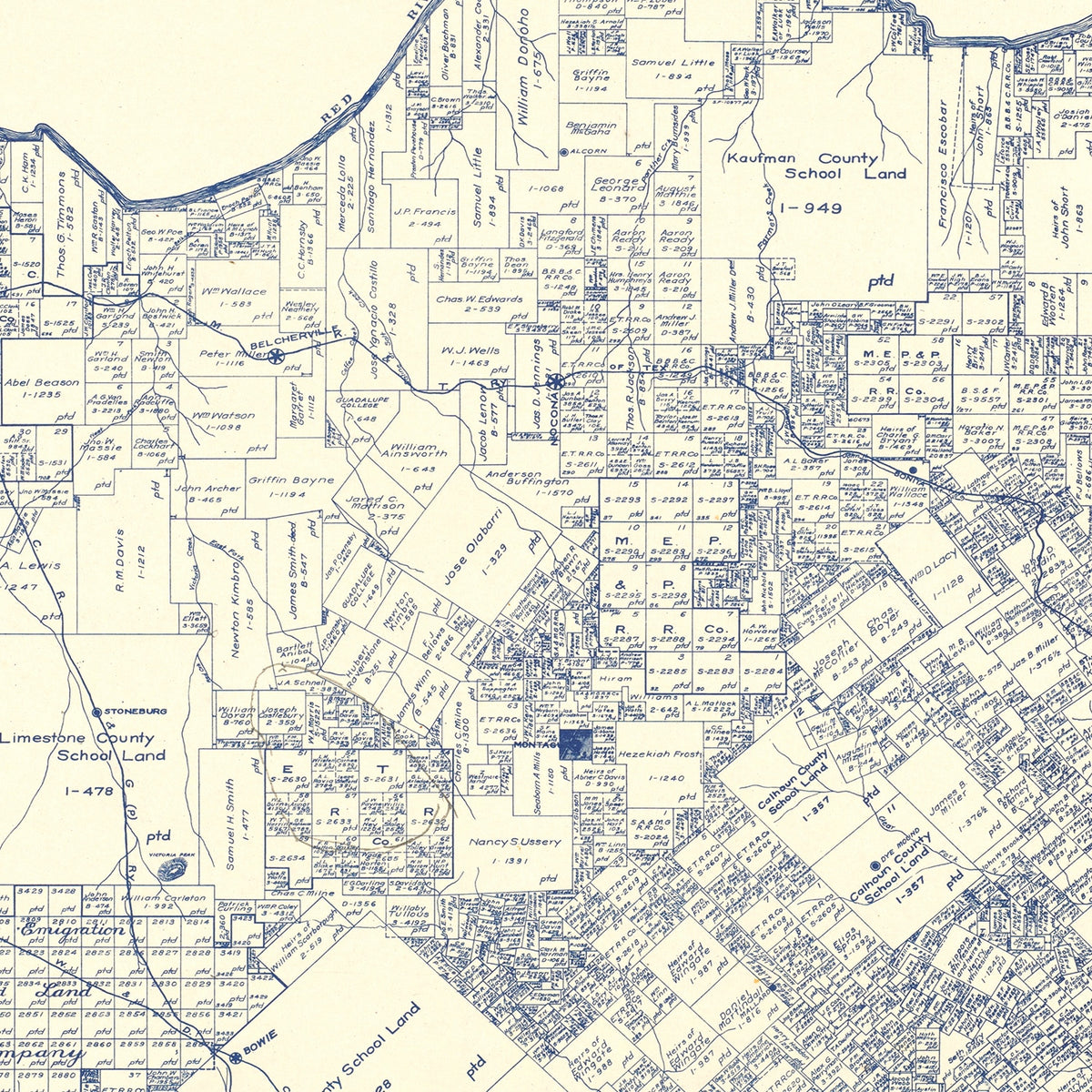 Restored historic details from the 1924 county map of Montague County, Texas