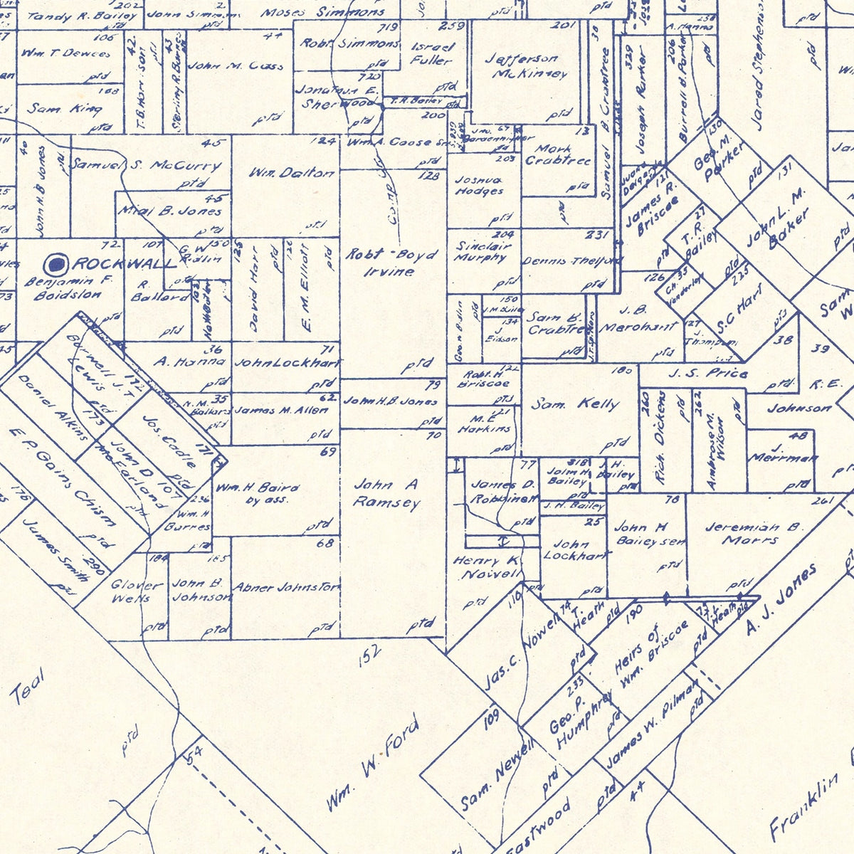 Restored historic details from the 1927 county map of Rockwall County, Texas