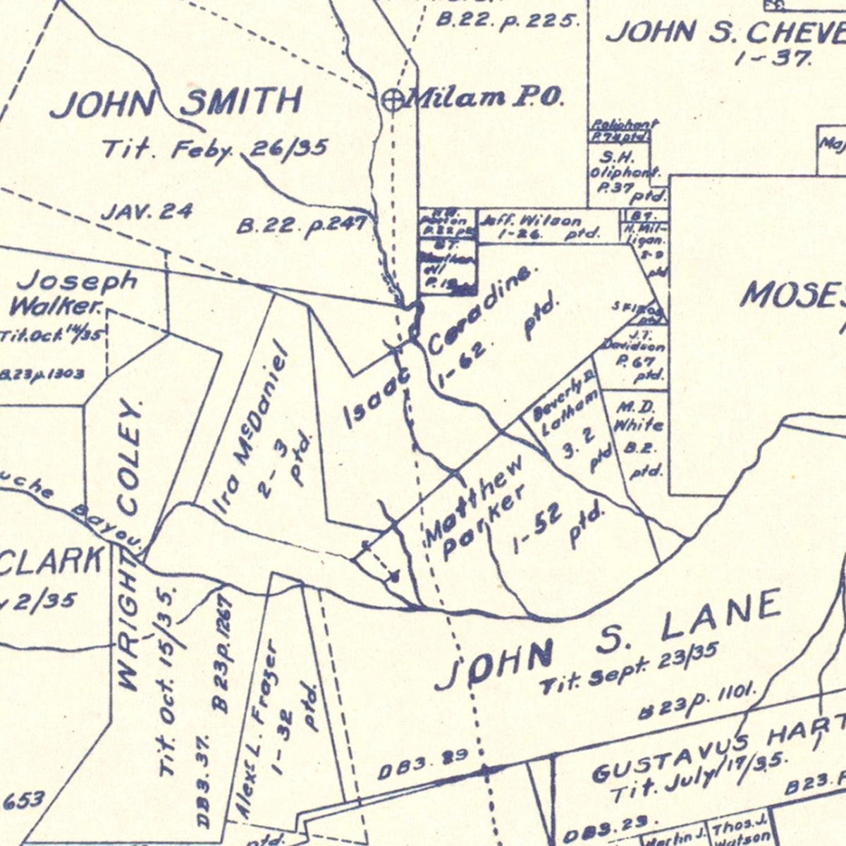 Restored historic details from the 1920 county map of Sabine County, Texas