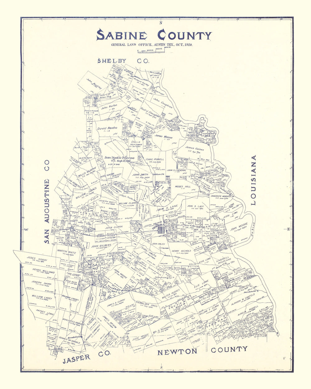 Vintage Map of Sabine County, Texas 1920 print style example
