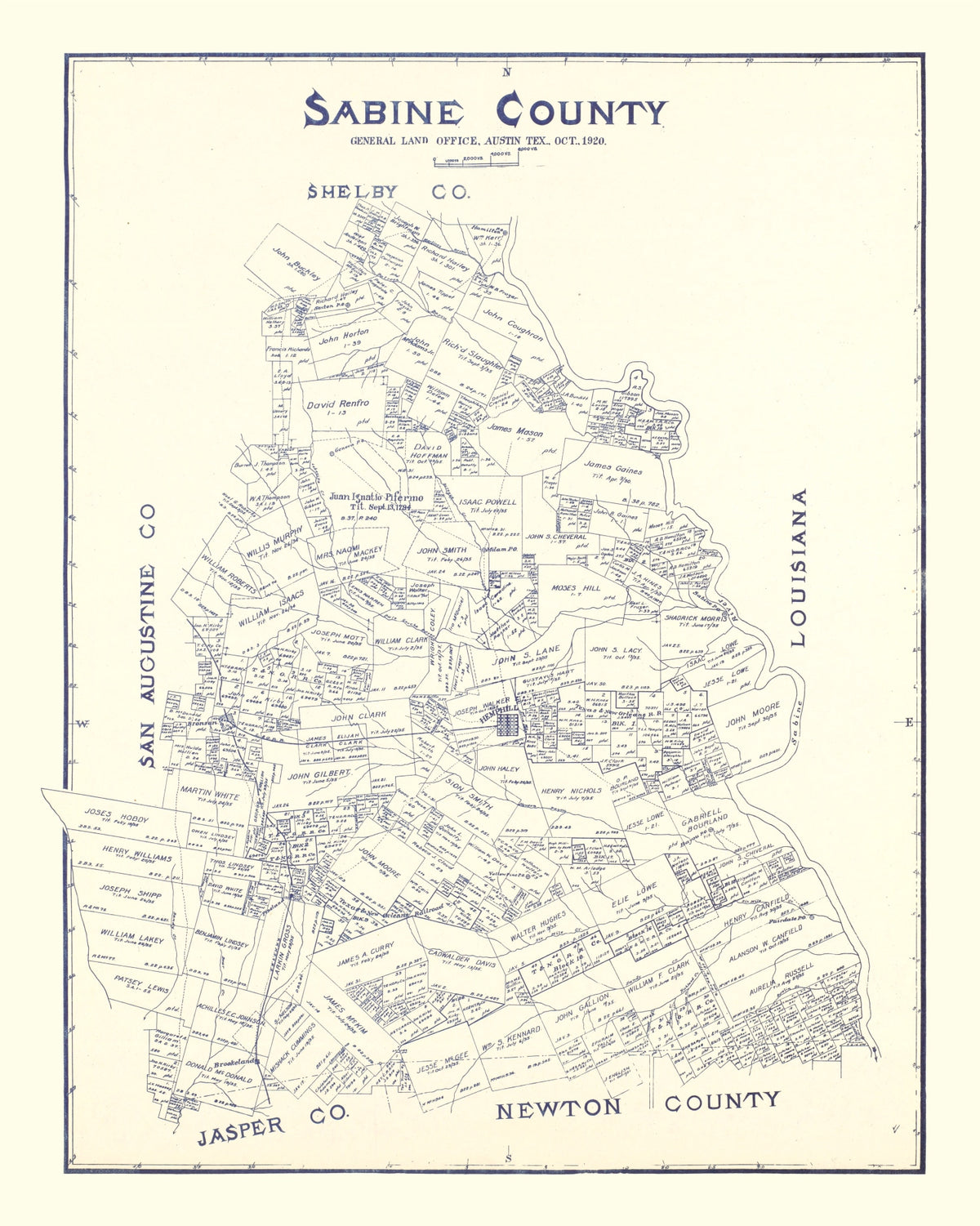 Preview of Vintage Map of Sabine County, Texas 1920