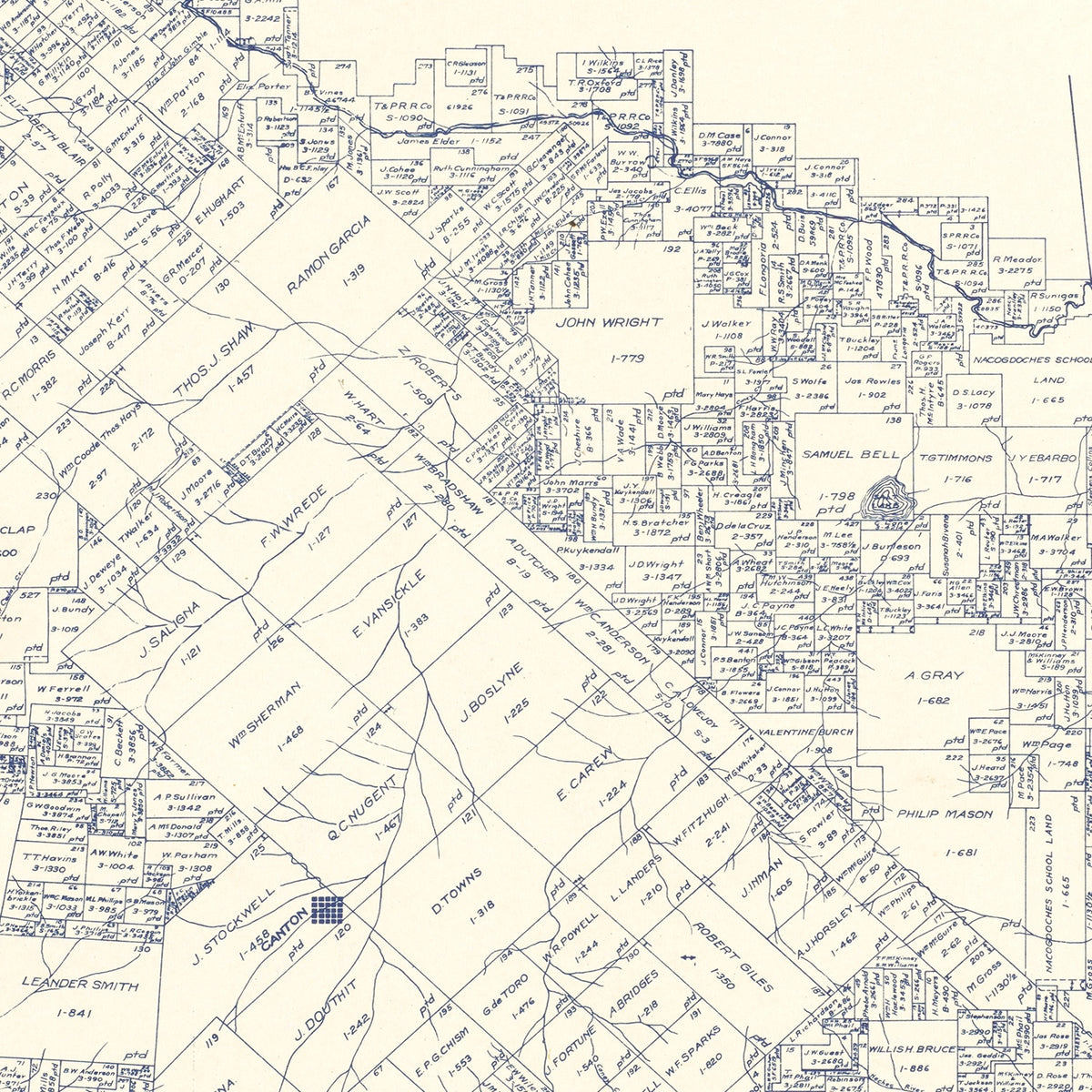 Restored historic details from the 1921 county map of Van Zandt County, Texas