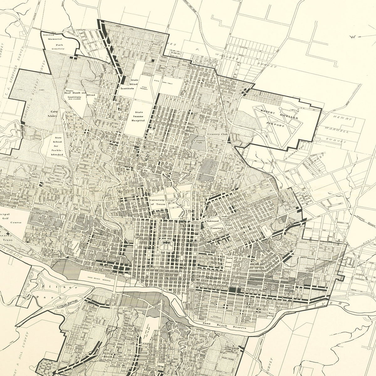 Restored historic details from the 1943 city map of Austin, Texas