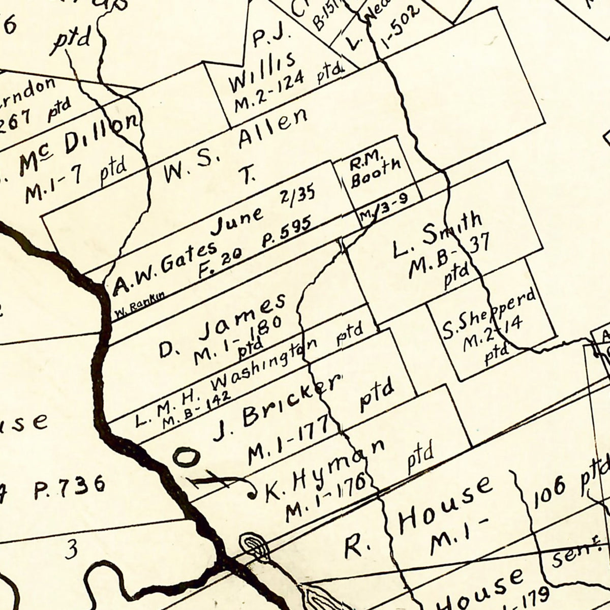 Restored historic details from the 1933 county map of Montgomery County, Texas