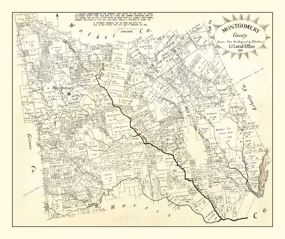 Vintage Map of Montgomery County, Texas 1933 print style example
