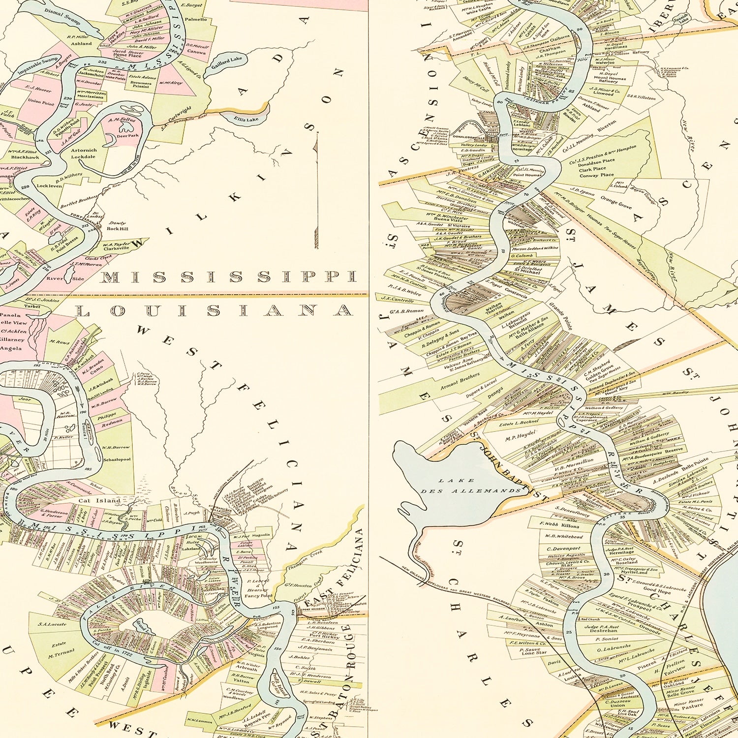 Restored historic details from the 1858 misc. attraction map of Parish, Louisiana