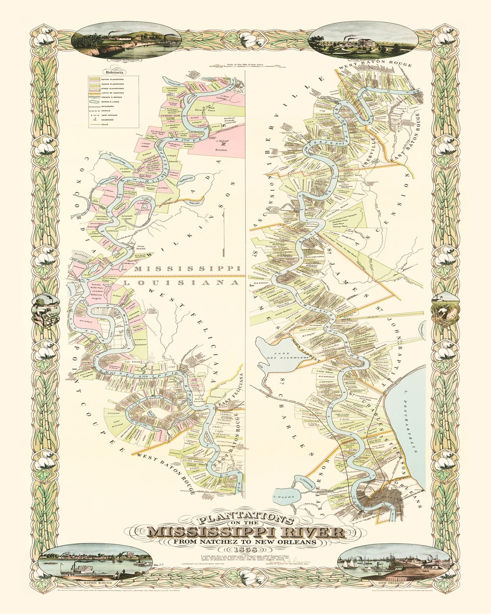 Vintage Plantations on the Mississippi River Map 1858 print style example