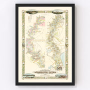 Mississippi River Plantations Vintage Map 1858
