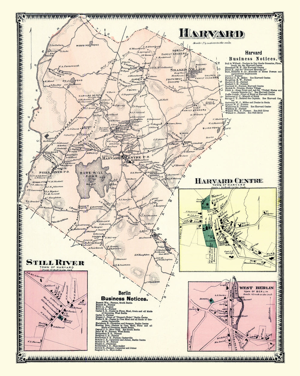 Vintage Map of Harvard, Massachusetts 1870 print style example
