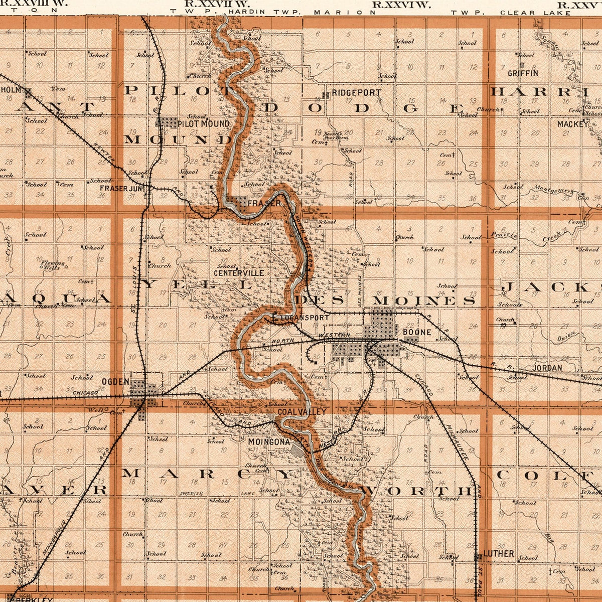 Restored historic details from the 1904 county map of Boone County, Oklahoma